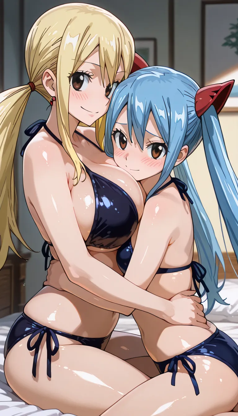 (anime, score_9, score_8_up, score_7_up, ray tracing:1), (masterpiece, best quality, amazing quality, masterpiece, 8k, high quality, detailed art, perfect composition), (shiny, shiny skin), (2 girls), Lucy_Heartfilia, blonde hair, brown eyes, big breasts, ...