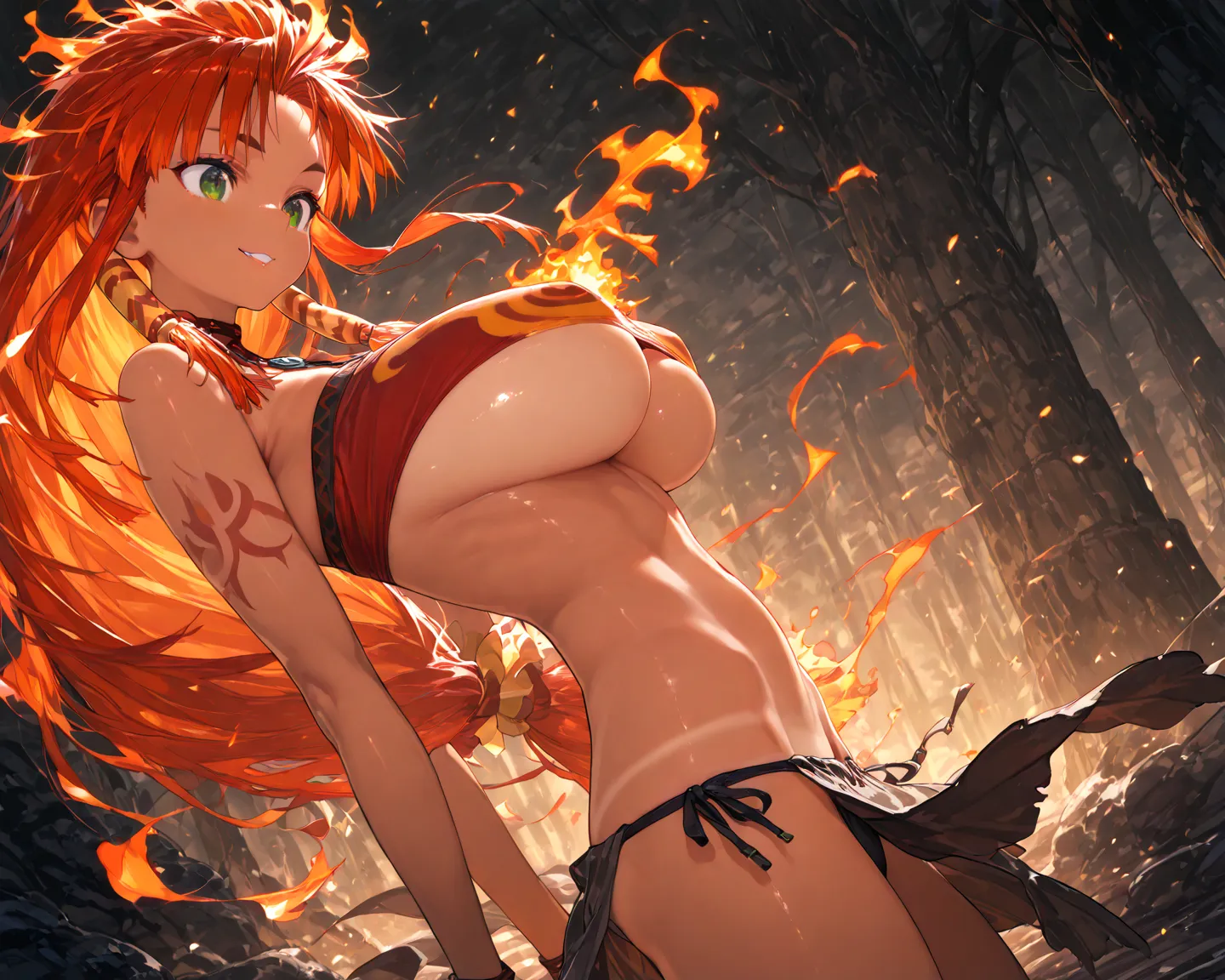  score_9, score_10, 1 girl,  Feena from Grandia , long flaming hair, nice top, loincloth made of fabric, long hair, eyebrow piercing, lip piercing, almond shaped eyes, small butt, arm tattoo, lean, large, slender, skinny, tanned, cute, sweet smile, beautif...