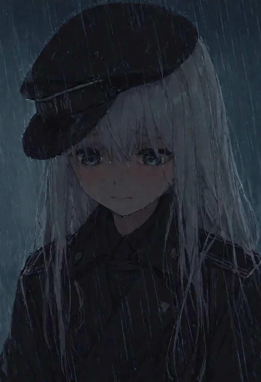 1girl, no emotion, raining, staring blankly, war uniform, white hair, cute, nervous, quivering, looking straight down, sad