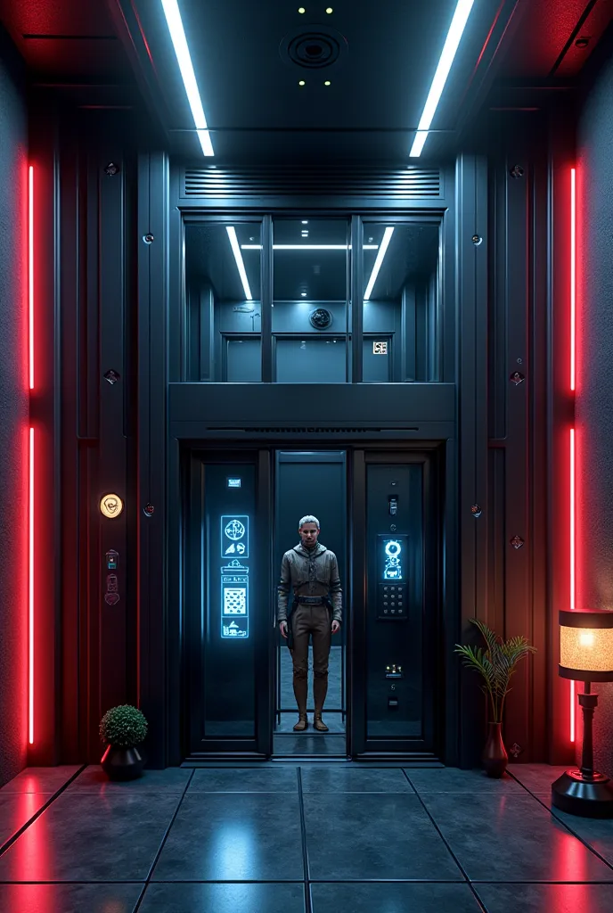 Create a futuristic home elevator inspired by Star Wars aesthetics. The elevator should have a bold, sleek design with a black metallic frame and transparent glass walls, incorporating the high-tech and industrial look of Imperial Star Destroyers and Sith ...