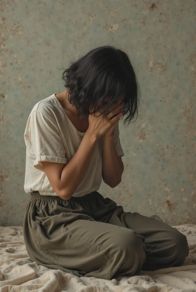 Woman praying in normal clothes. With her face in her hands