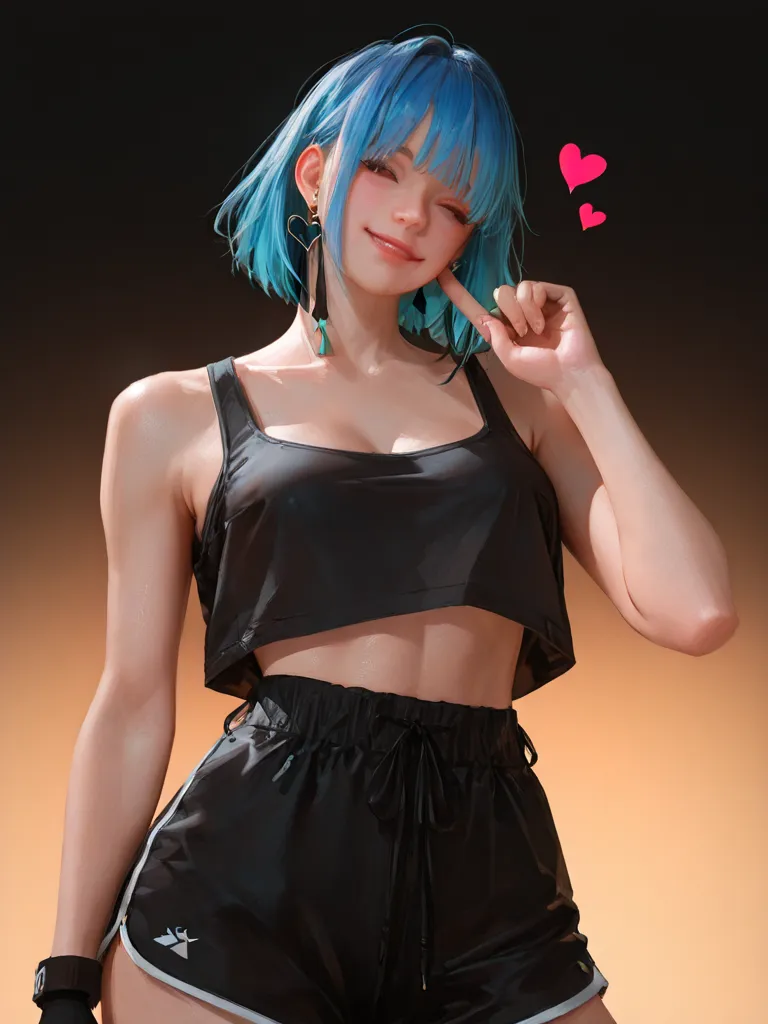 (best quality,4k,8k,highres,masterpiece:1.2),ultra-detailed,(realistic,photorealistic,photo-realistic:1.37),1girl,tomboy_style,long_blue_hair,bangs,hair_partially_covering_eyes,winking_expression,black_fingerless_gloves,heart-shaped_tassel_earrings,subtle_...