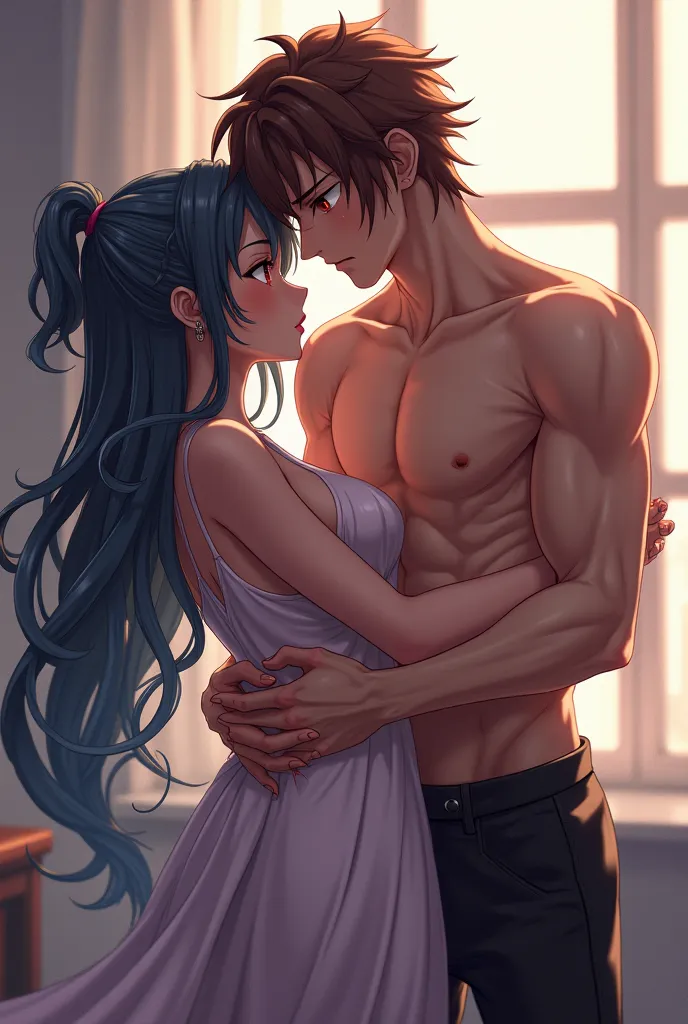 anime style brown hair skinny man with red eyes having sex with muscular anime man with long black hair with blue streaks and white eyes