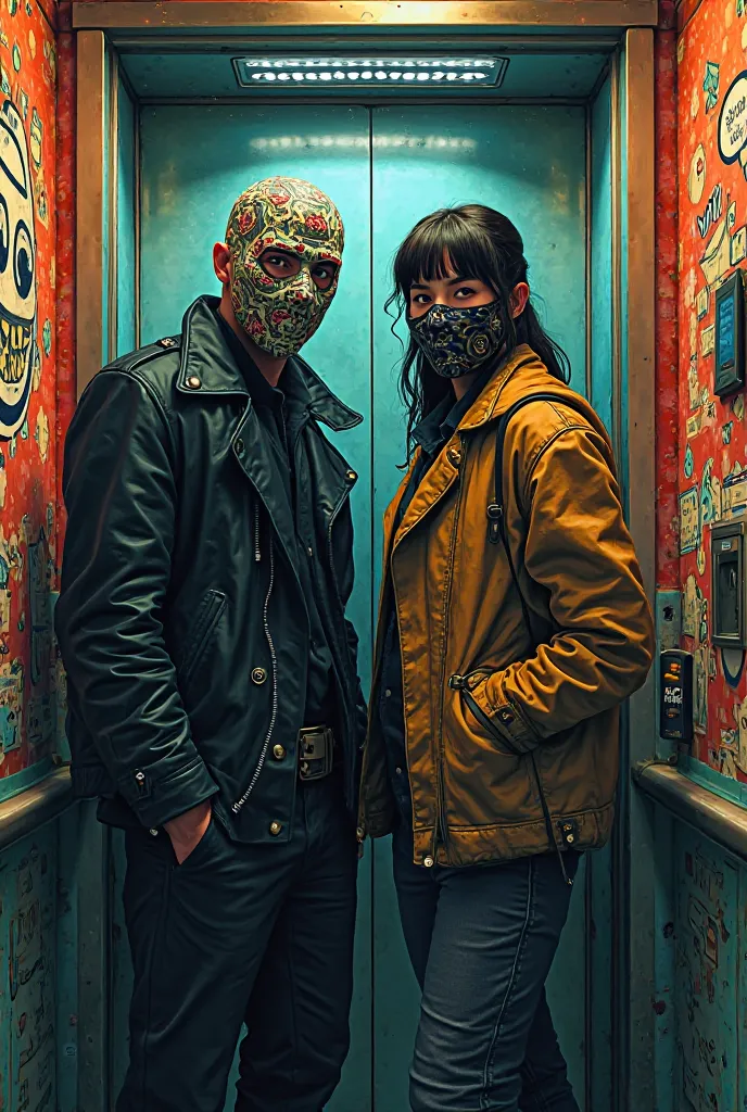 Two thieves wearing masks in a comic elevator 