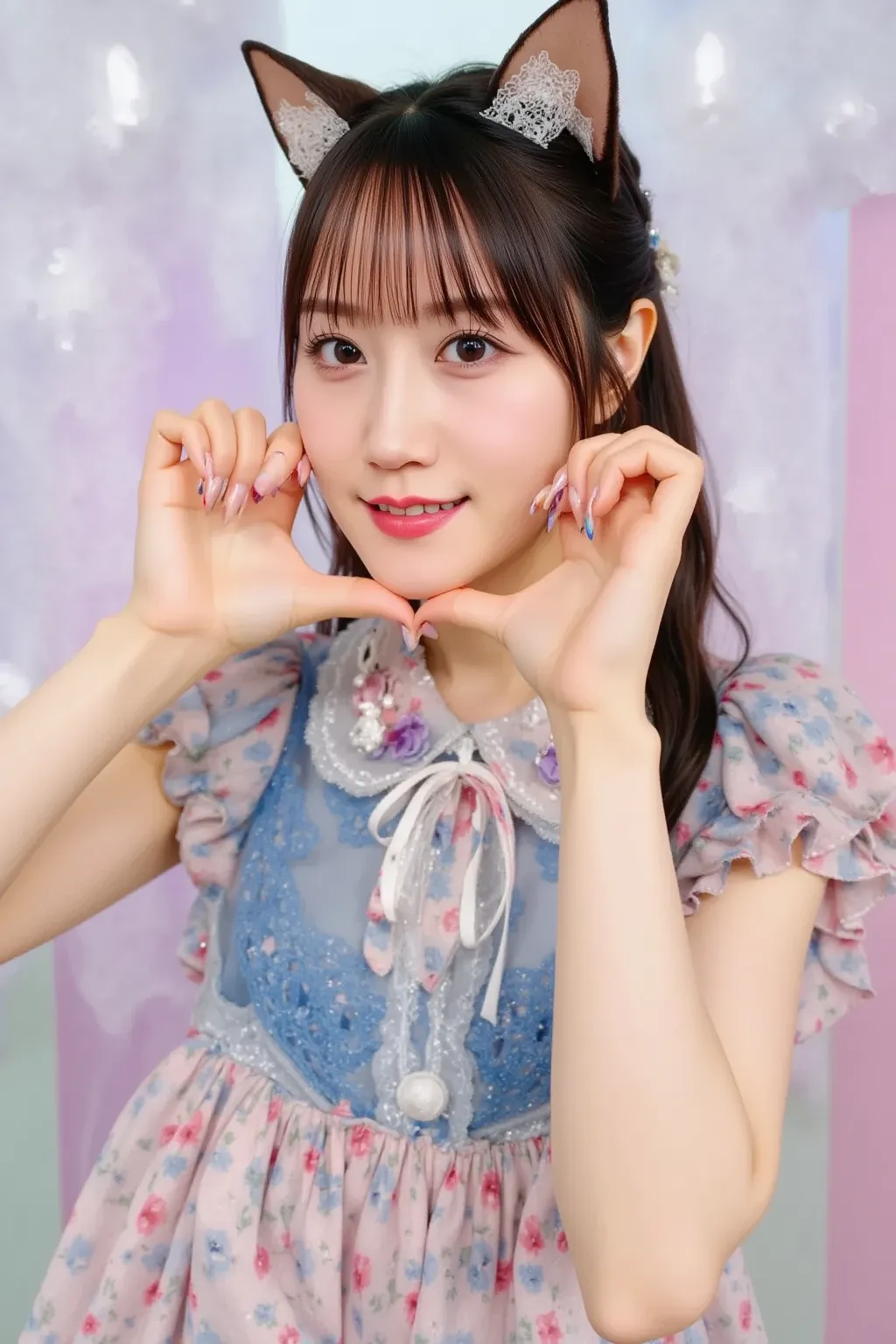 "A young Japanese female idol with cat ears, wearing a colorful idol costume with frilly details. She is striking a 'cat paw pose' by placing both hands on her cheeks and curling her fingers inward like a cat. Her expression is cute and playful, with spark...