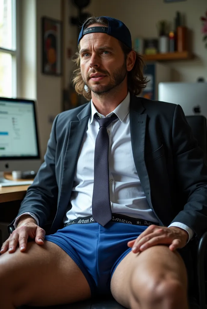 I took a picture of my dad he is a 38-year-old man with medium long brown hair with a cap facing back he wears a shirt tie and jacket he is in blue boxers he has hairy and thick legs boxer Ralph Lauren big penis sitting in his studio looking at his iMac he...