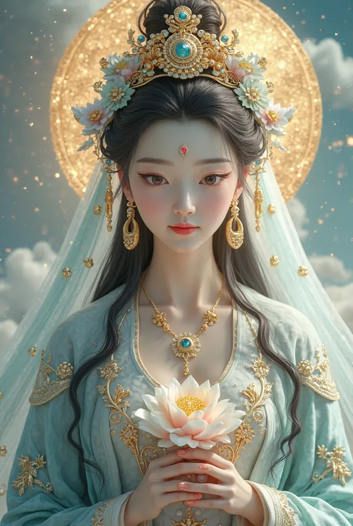 (masterpiece,close up,Focus Beauty Skin,[ [ Gentle  ,Premium Quality,,【【8k,front view,High Resolution), Guanyin Bodhasa ,,Beautiful face,very Beautiful face,Beautifully moving ,Dehydrated Skin ,Gold Lace Embroidered Intricate White Light Fashion Dress,gold...