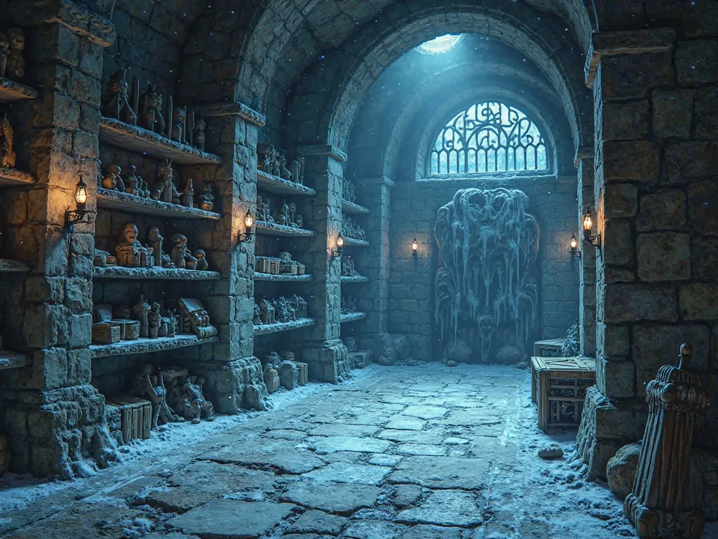 which (WAREHOUSE) — The Artifact Depot:
O which é um espaço selado por camadas de encantamentos gélidos. The place holds ancient scrolls ,  sorcerers' weapons and masks from forgotten ceremonies .  The stone floor exudes an intense cold , and the shelves a...