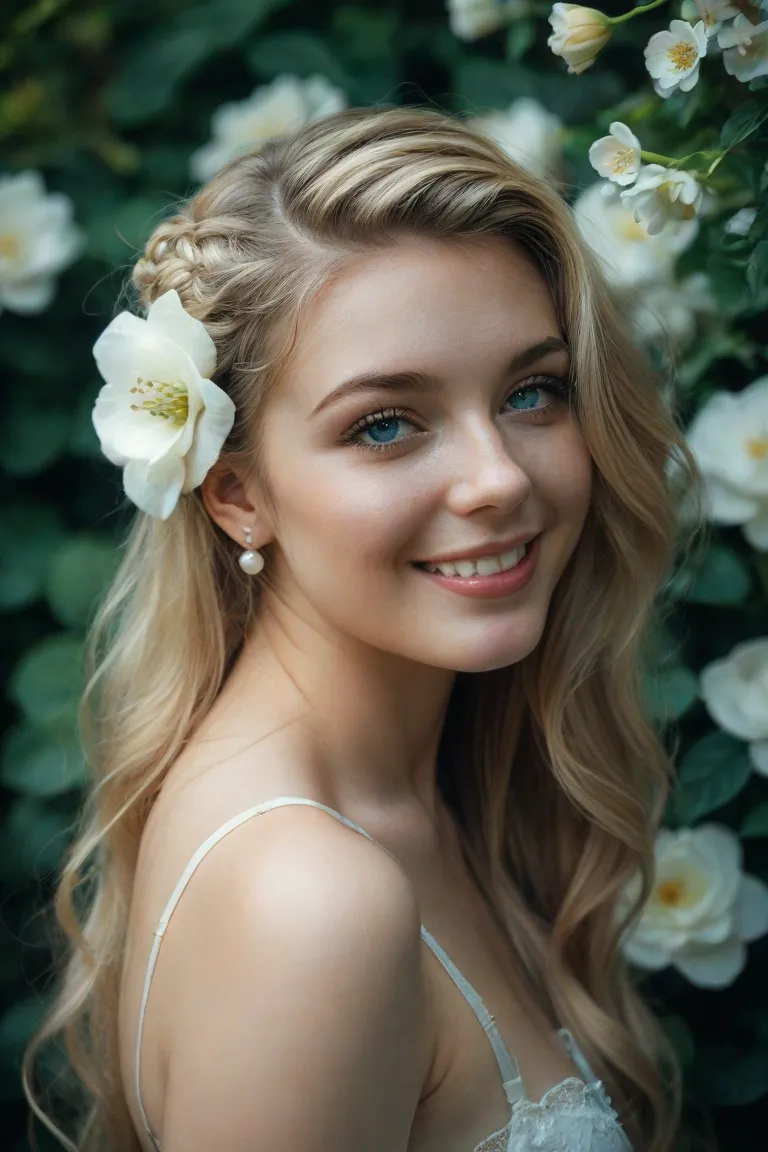 Create a highly detailed and clay technic with Surrealism artistic portrait of a woman with long, flowing blonde hair. The hair should be intricately styled with delicate white flowers and pearl-like droplets scattered throughout. Her face should have soft...