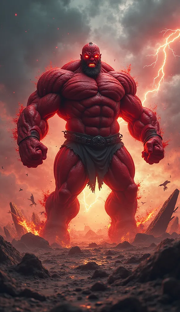 A highly detailed 3D-style scene of a massive, red-skinned hunk in a deep state of anger, standing amidst a desolate, cracked battlefield. His muscular form is tense and radiates with intense energy as his fists are clenched at his sides, his body tremblin...