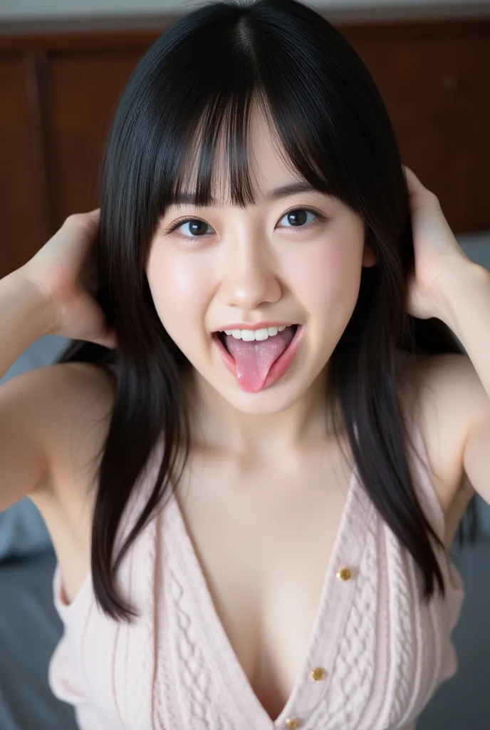 girls,    black hair,  Long Hair ,  open your mouth  wide and stick your tongue out, Accurate eye expressions, Correct tongue expression, sticking out her tongue, Accurate facial expression, masterpiece,  Ultra High Resolution , very well detailed, details...