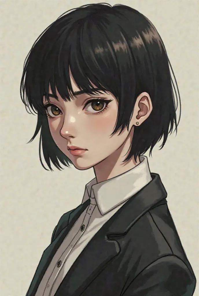 A girl with black hair, narrow brown eyes, small lips, men's clothes, pulled eyes, short hair, medium height and serious features