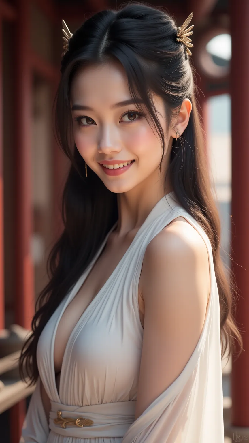 ( High quality, high resolution,  realistic photo of a Taoist,  photography),   beautiful woman， front photo，has bright eyes , Smile ,sexy，The background and environmental details are well portrayed， long loose hair， dress