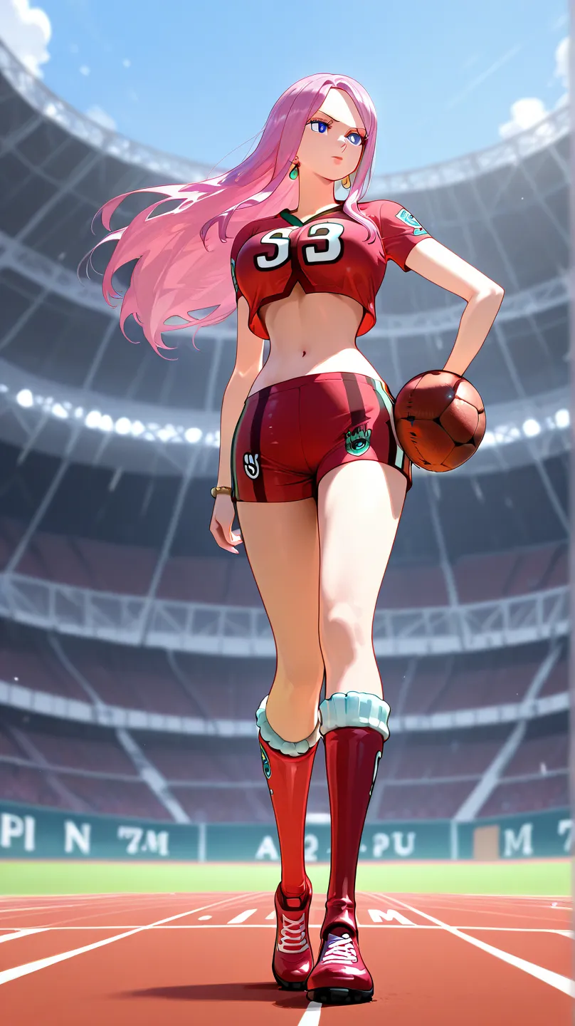 score_9, score_8_up, score_7_up, intricate details, masterpiece, best quality, 1girl, Jewelry Bonney, one piece, pink hair, long hair, blue eyes, red football uniform, crop top, full body, stedium.