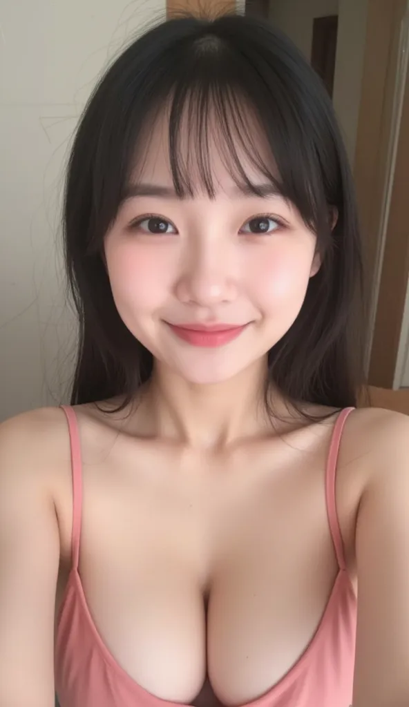 (large clothed breasts: 1.5), (big face: 1.5), (cleavage: 1.3), (very straight bangs: 1.3), (big cheeks: 1.5), (little  girl: 1.5), (10-years-old girl: 1.5), (chinese girl), Amateur shot a pov of a instagram selfie. (pink dress), pale skin, no makeup, play...