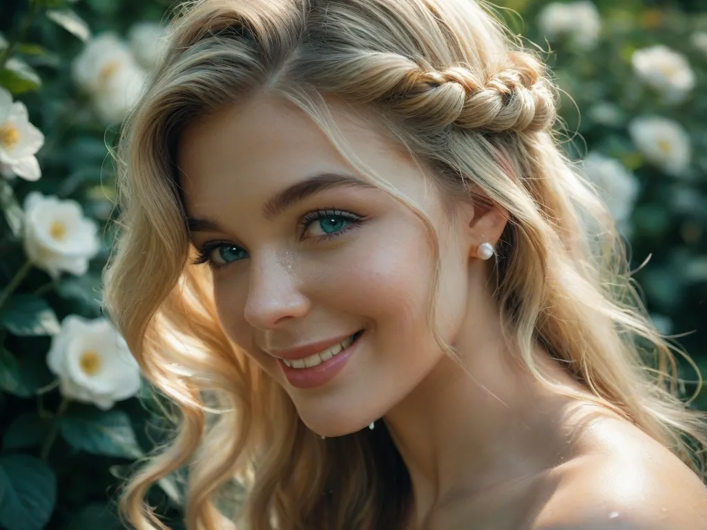 Create a highly detailed and artistic portrait of a woman with long, flowing blonde hair. The hair should be intricately styled with delicate white flowers and pearl-like droplets scattered throughout. Her face should have soft, lifelike features with brig...