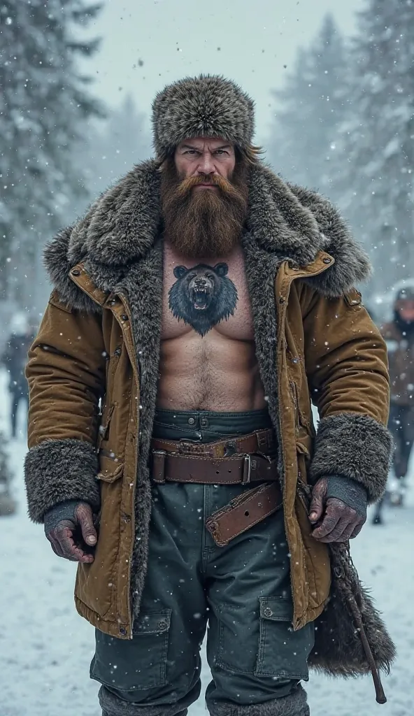 Russia – A broad-shouldered, bearded brute with a fur-lined military cap, a tattoo of a bear roaring on his chest, and thick, rugged muscles, symbolizing brute force and resilience. His hands are wrapped in leather, and his breath is visible in the cold ai...