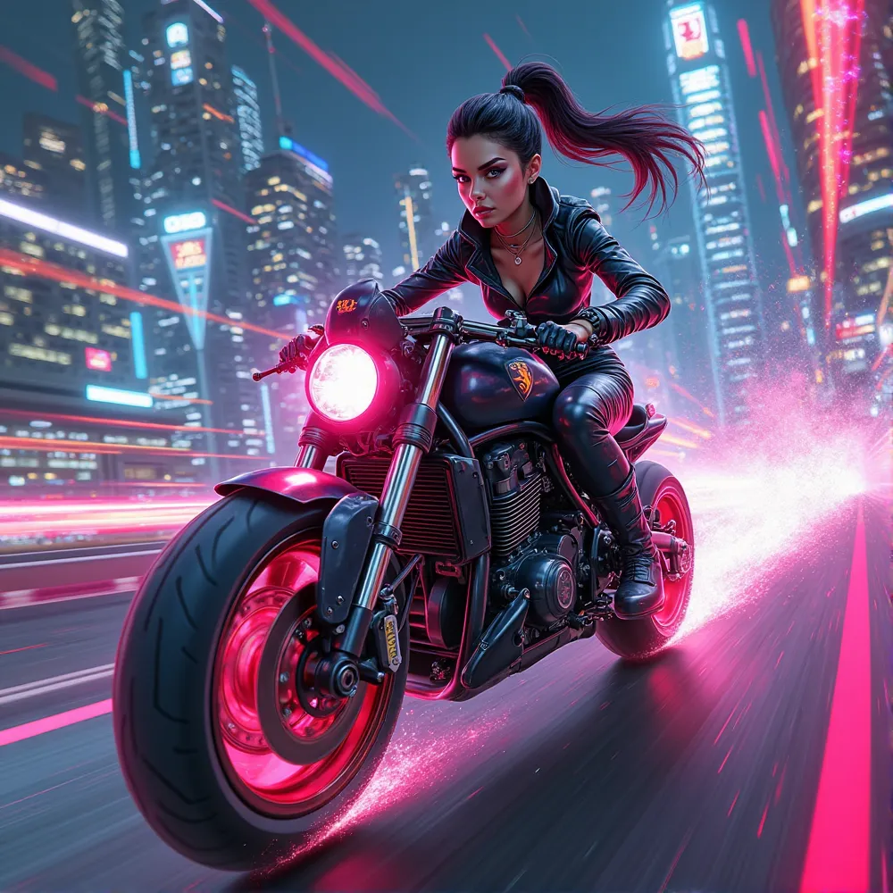 bad girl, On a high speed LED motorcycle, fast, anime, comic, written to say: J zonto, Cailinno and Neotripg
