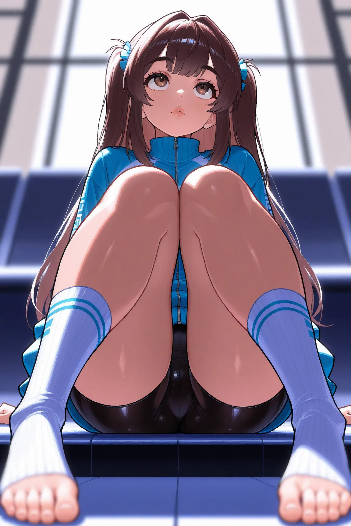 (((Masterpiece:1.3, Best Quality, hight resolution, nffsw, Perfect Pixel,  4K, nffsw, nffsw))), 1girl in, Neapolitan:2.0, blurred background, gentle colors, sitting, frill socks, from below, Ashikiri is embarrassing, bike shorts, puffy lips, Toeless Legwea...