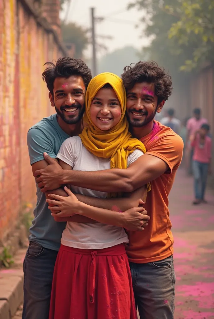 Muslim School Girl (wearing a white tshirt red skirt) yellow hijab on the head.  Holi plays with two Hindu men.  Both men have tight hugs from two sides.  (A solitary street, behind the wall)