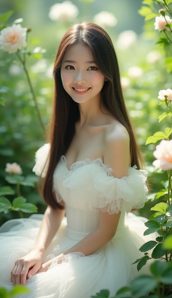 A beautiful woman with perfectly smooth white skin, wears a fluffy white princess dress, sitting among the green garden full of plants and flowers. The space is filled with soft light, create a dreamy fairy-like effect. She has long smooth hair,  delicate ...