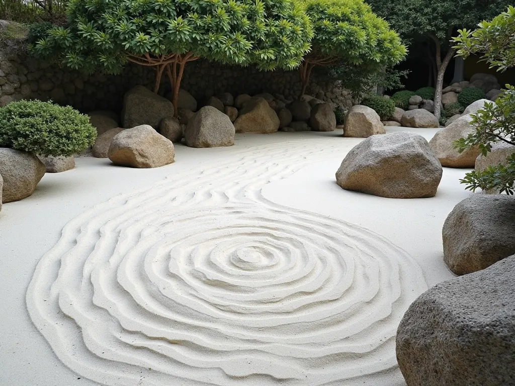 Zen Garden (Dry Landscape) — The Meditation Garden:
O Zen Garden da mansão é um espaço onde o silêncio se torna absoluto. The stones are arranged with millimeter precision ,  and the white sand forms patterns that resemble swirls of wind and snowstorms .