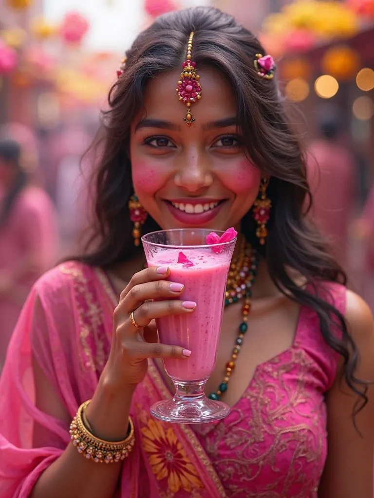 Indian  drinking rose milkshake for Holi frestival 