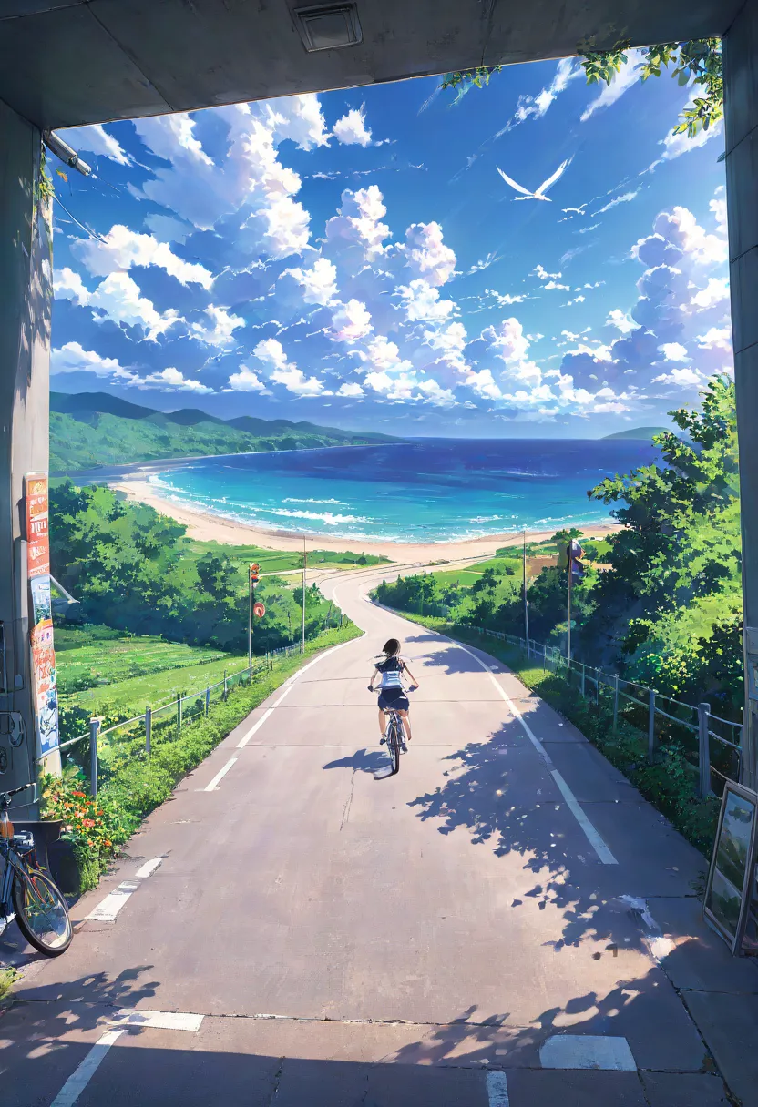 top quality、 details、detailsはこちら、beautifully、anime scenery、summer、countryside、long concrete road、electric wire、electric wire、重なったelectric wire、 clear、 clear、summer、 Big Entrance Cloud 、You can see the sea in the background、beautiful海、birds are flying、A gir...