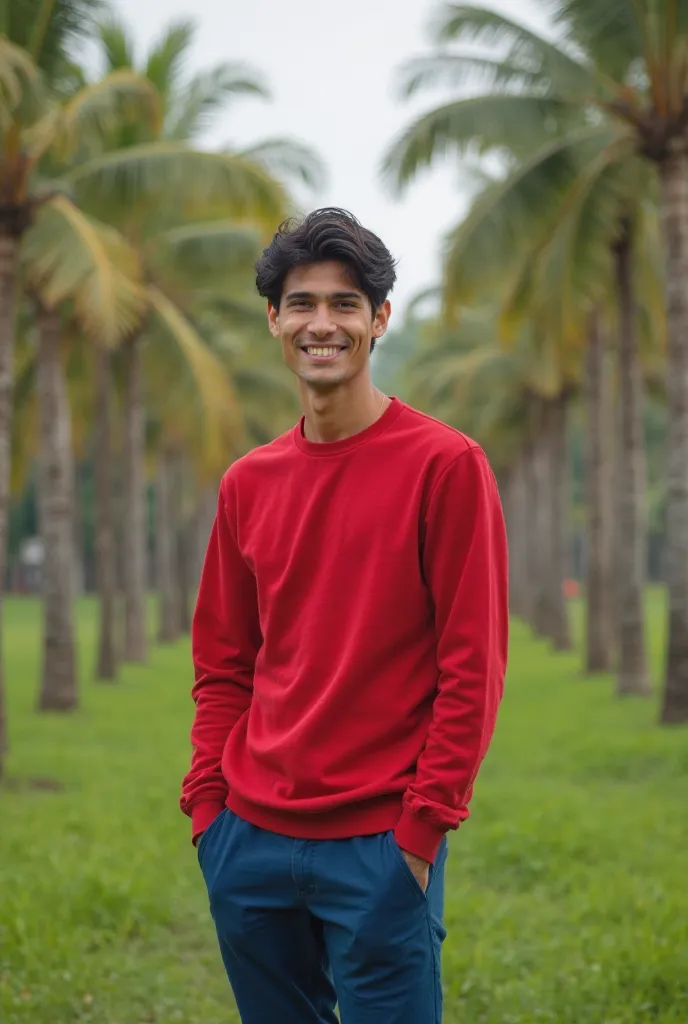 A 29-year-old man with a slim body and soft black hair wearing a red sweatshirt and blue pants stands in a place that looks like a green farm surrounded by coconut trees. He stands with his hands in his pockets and looks at the camera in a smile and behind...