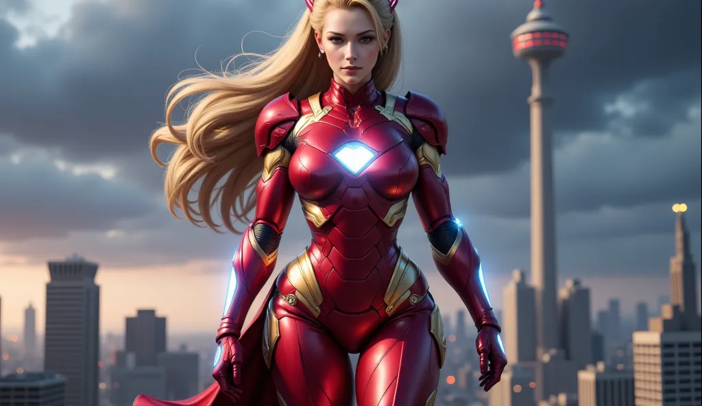 Create a highly realistic and cinematic full-body image of a female superhero, a fusion of Iron Man and Sailor Moon (Usagi Tsukino). She wears a sleek, futuristic armored suit combining Iron Man’s advanced technology with Sailor Moon’s iconic aesthetics. T...