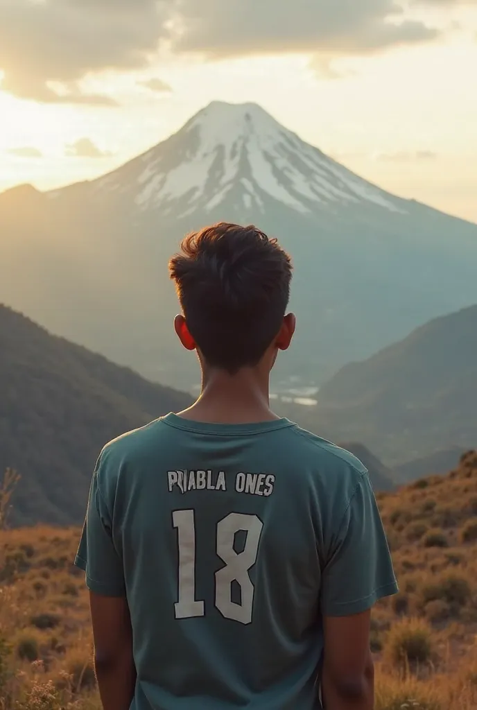 Beautiful mountain and beautiful sky on background,a boy age 18 standing looks the morning without showing face,in backside t-shirt prabhas name is writen and in small fornt prashant also writen, (movie lover) actor Prabhas fan