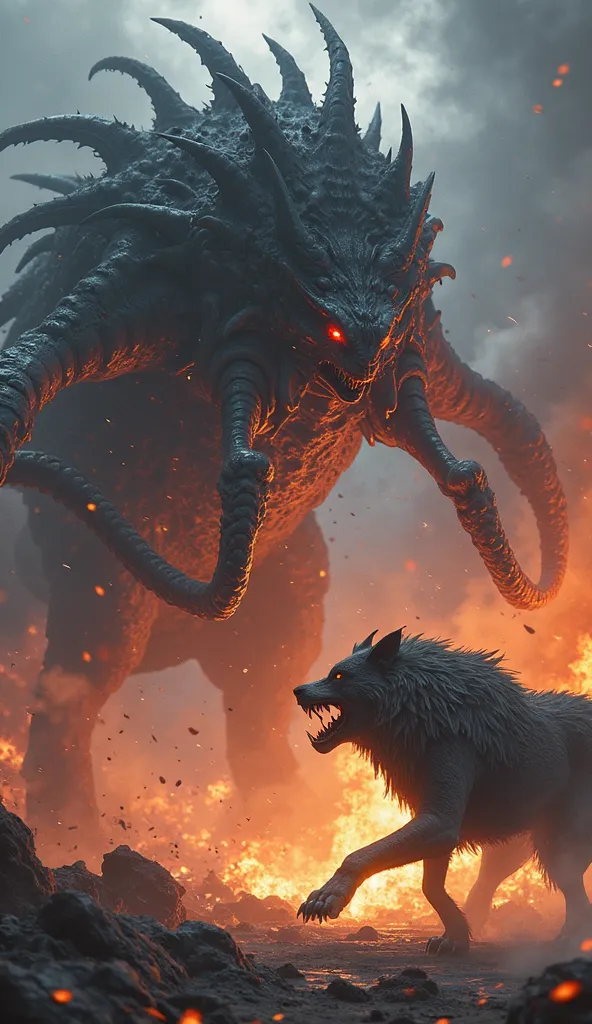 Kraken and Dire Wolf angry face to face.fire area