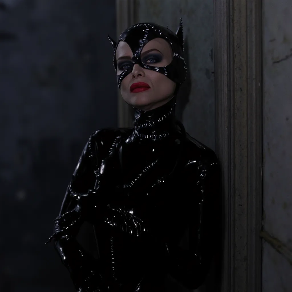  catwoman92michellepfeiffer90s  black skintight latex full bodysuit black corset black choker black gloves black boots  black full facemask eyeslits two small cats ears black chinstrap. red lipstick black eyeshadow. she is standing and facing the camera. h...