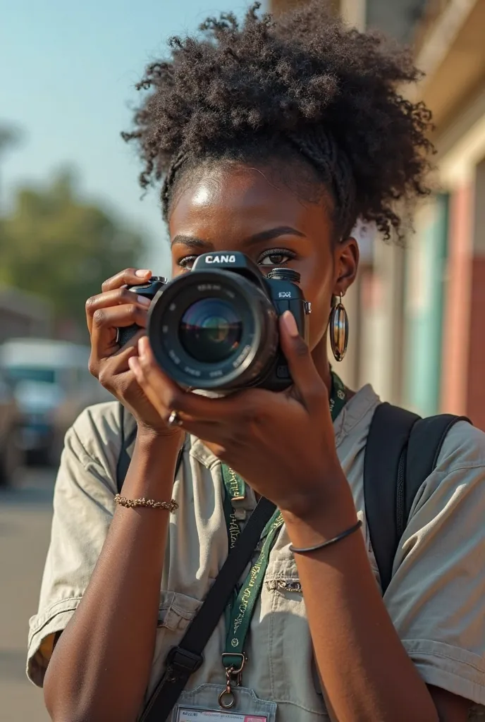 a female african journalist taking pictures with a clear background