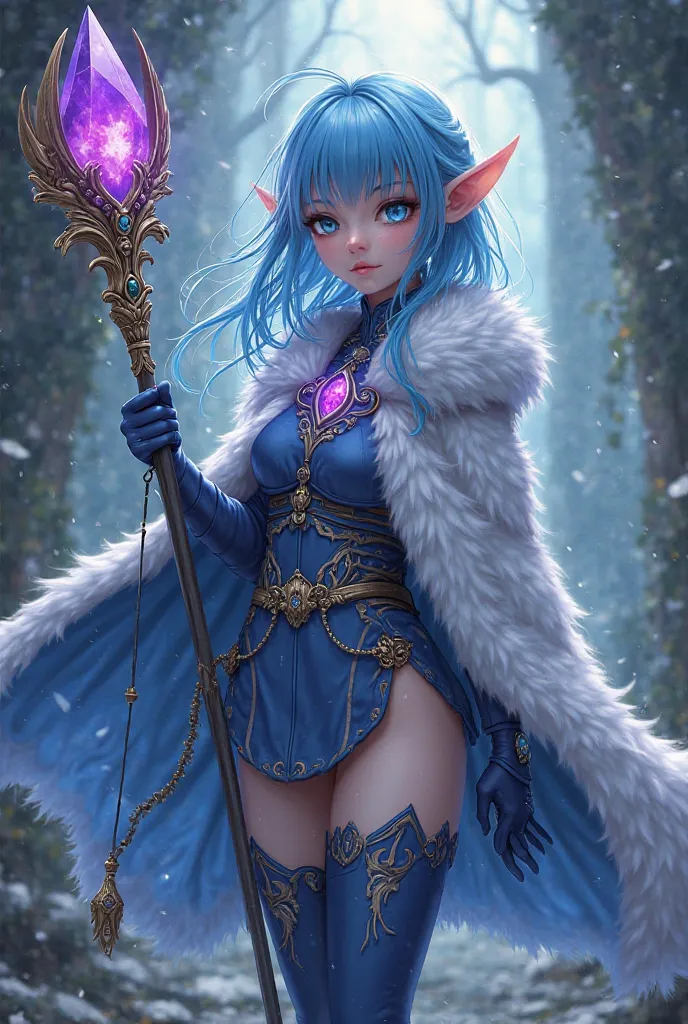 Anime, woman, White fur Fox cloak, dark blue back of cloak, hood over head, Blue boots and gloves, cyan blue hair, elf ears, blue eyes, Asklepian staff, crystal on the Asklepian staff purple 