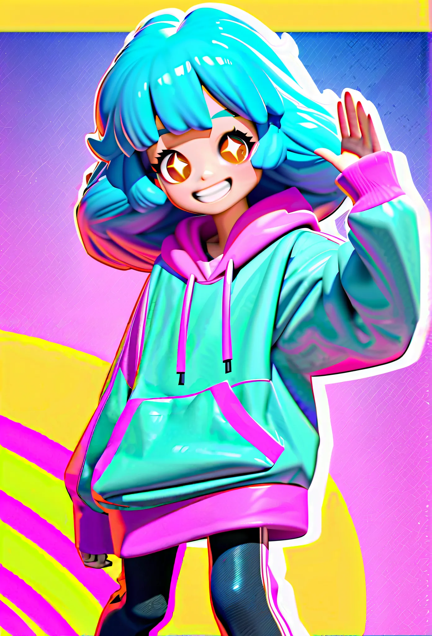 A 3D cartoon character, trendy Asian youth with fluffy hair, wearing oversized hoodie and sneakers, holding a glowing smartphone, soft pastel background, vibrant but not oversaturated, Pixar-style rendering, full-body view, dynamic pose with one hand wavin...