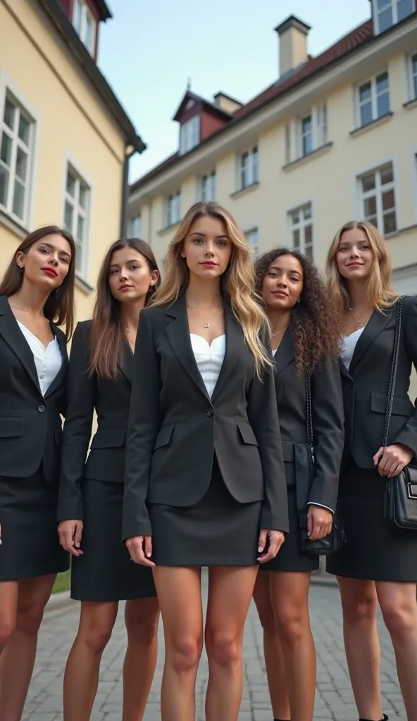 High resolution, (full frame 2,5), realistic skin textures,  Realistic photo, spontaneous, Very Young, age , Poland, 5girls, uczennice middle school, far shot,  business suit , głęboki dekolt , (ankle strap pins 1,5),  handbag on shoulder , Standing , in f...