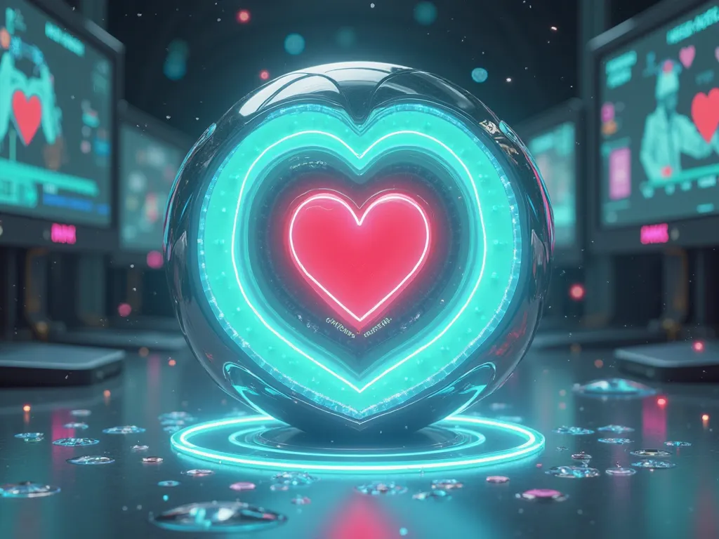 levitating metallic 2 halfs of a sphere (color #717171), glowing bright turquoise (#00C6FE) concentric rings with a red (#E60000) heart at the center, cute anime-style robotic design, holographic particles swirling around, background with holographic scree...