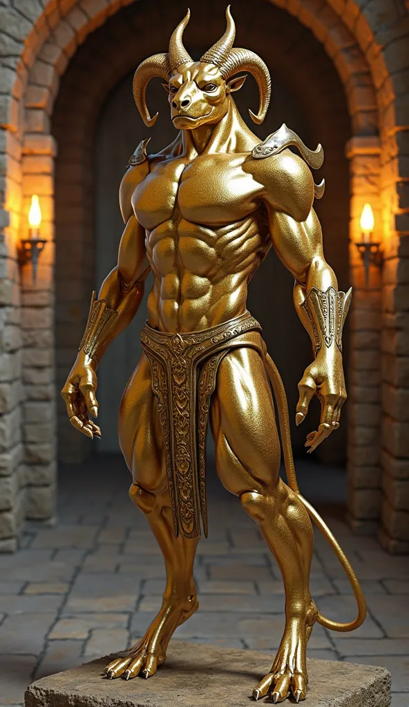 A majestic, hyper-realistic golden statue of a quadrupedal half-humanoid, half-beast mythological creature, carved with extreme detail and a cinematic CGI finish. The figure is sculpted in pure gold, with a subtle sheen highlighting its muscular form and t...