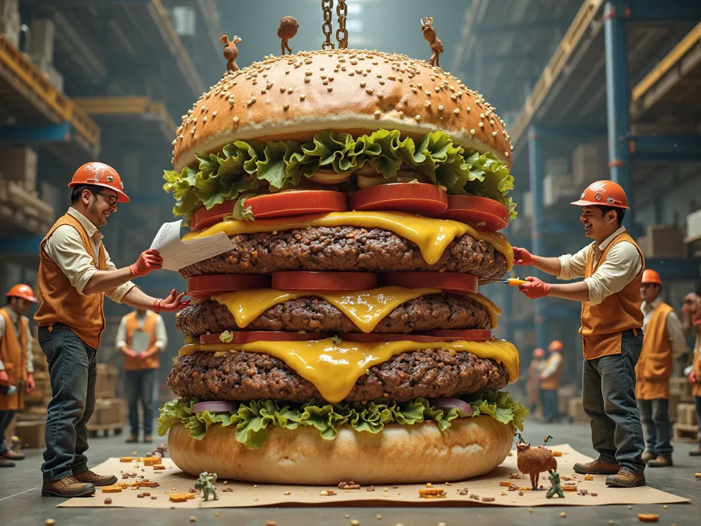 A team is using a crane to lower a giant bun onto the base, while others are stacking lettuce, tomato, cheese, and the patty in perfect order. A worker is spreading ketchup and mustard with tiny trowels, and another is placing a pickle slice with tweezers....