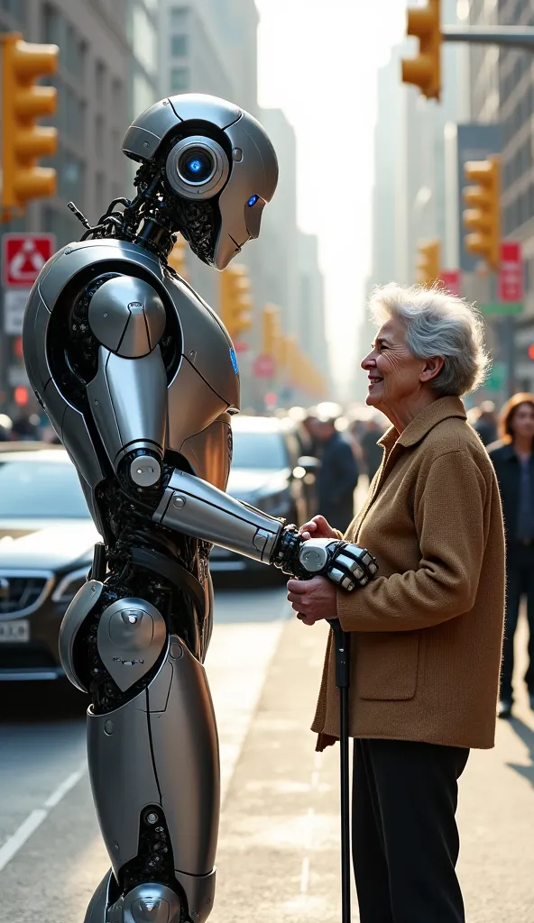 A highly advanced humanoid robot with a sleek metallic body and glowing blue eyes is gently assisting an elderly woman across a busy city street. The robot has a futuristic yet friendly design, with smooth silver plating, flexible joints, and a robotic han...