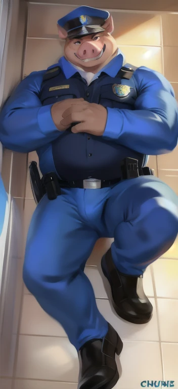     alone, Male tall    , Big torso    ,Lying on the floor  , bathroom  ,pig crocodile ,tail crocodile , Blue military​ spacesuit​ police ,     Overweight    ,     muscle ties   , Smirk, by chunie    