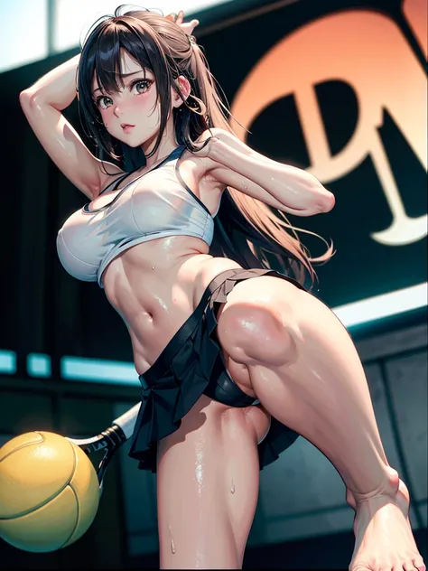 (8k, RAW photo, best quality, masterpiece:1.2), (realistic, Photorealistic:1.37),1 girl,cute, (Alone),detailed face, dramatic angles,
,tennisユニフォームスカート,look away,sporty,wet skin,sweat,bigger breasts in bikinis,Nice　foot,tennis　Match venue  ,my eyes are big...