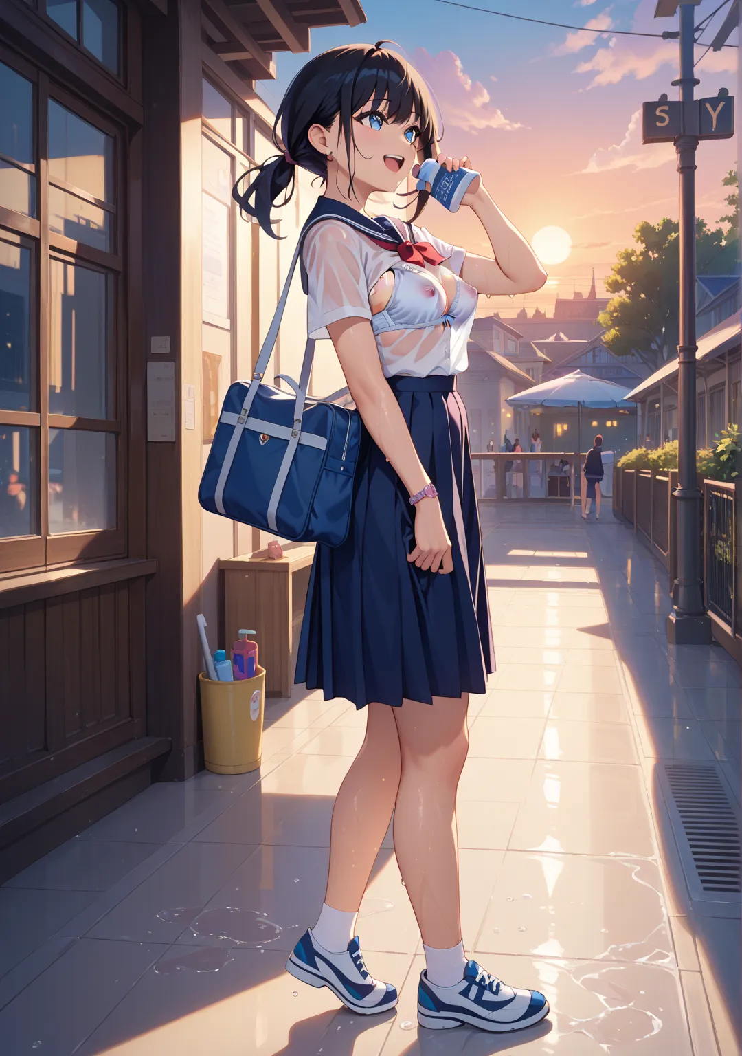 nsfw,1 girl,glamorous,straight hair,short hair,{{{black hair}}},blue eyes,wispy bangs,see-through,is wet,rainbow,school uniform,station,evening,bag, sun shower,runs,low ponytail,white bra,full body,crowd, laugh,look at away,Arm up,from side, one nipple sho...