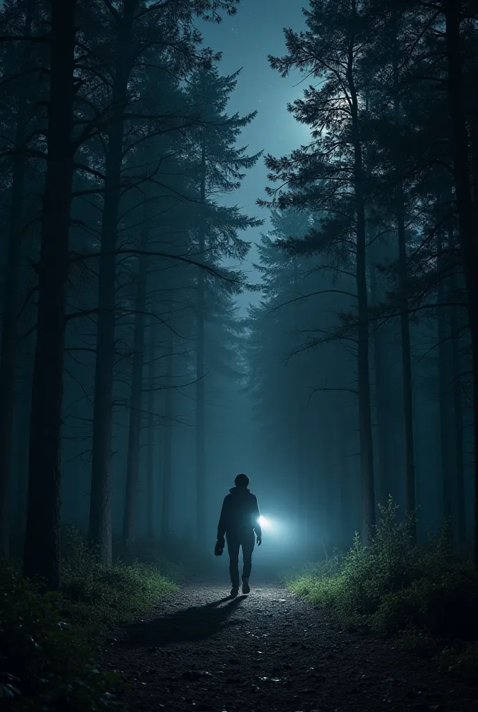 A completely dark night with no moon, only starlight faintly illuminating a quiet forest. A person walks cautiously with a flashlight, casting a small beam of light. Shadows loom large, and the atmosphere is moody and eerie. Ultra-realistic, muted colors, ...