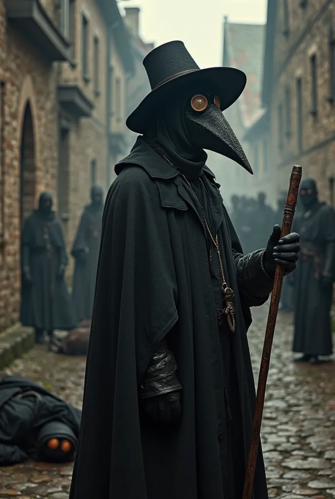 

"An eerie historical scene from the time of the Black Death pandemic, featuring a plague doctor. The doctor wears the iconic long, dark robe, a wide-brimmed hat, and the infamous beaked mask, with glass eye holes. The beak of the mask is filled with arom...