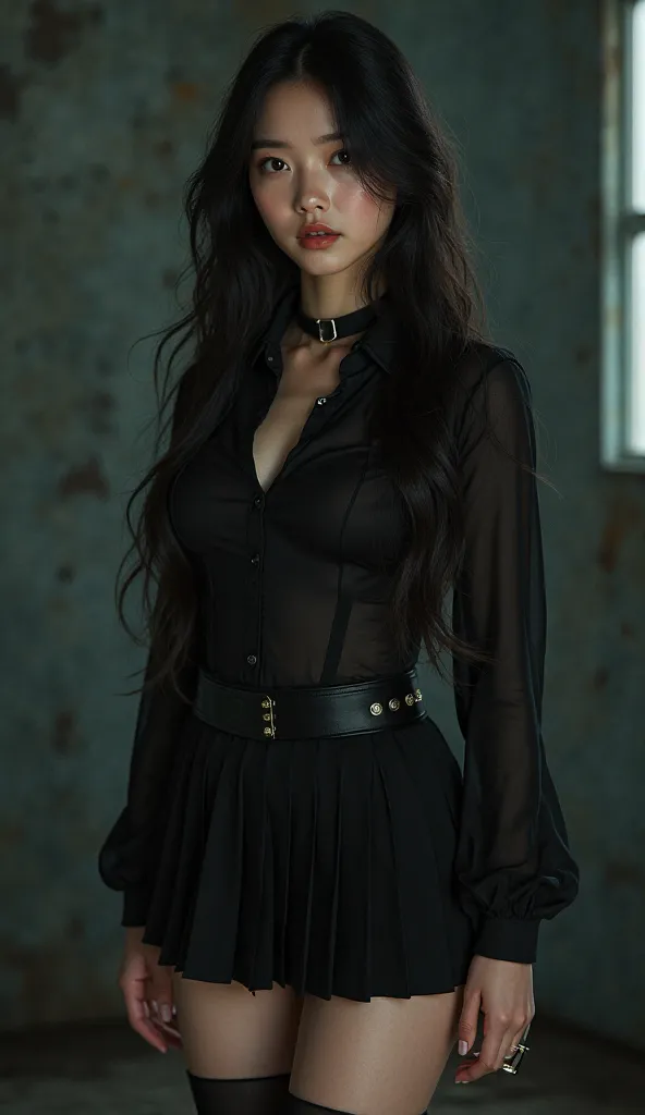 Cute Koreansexy girl with big breast wearing dark Wednesday style outfit 