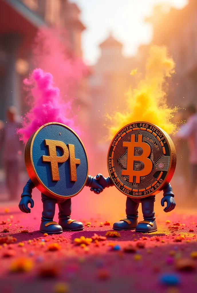 Pi network crypto coin shaking hands with bitcoin playing holi