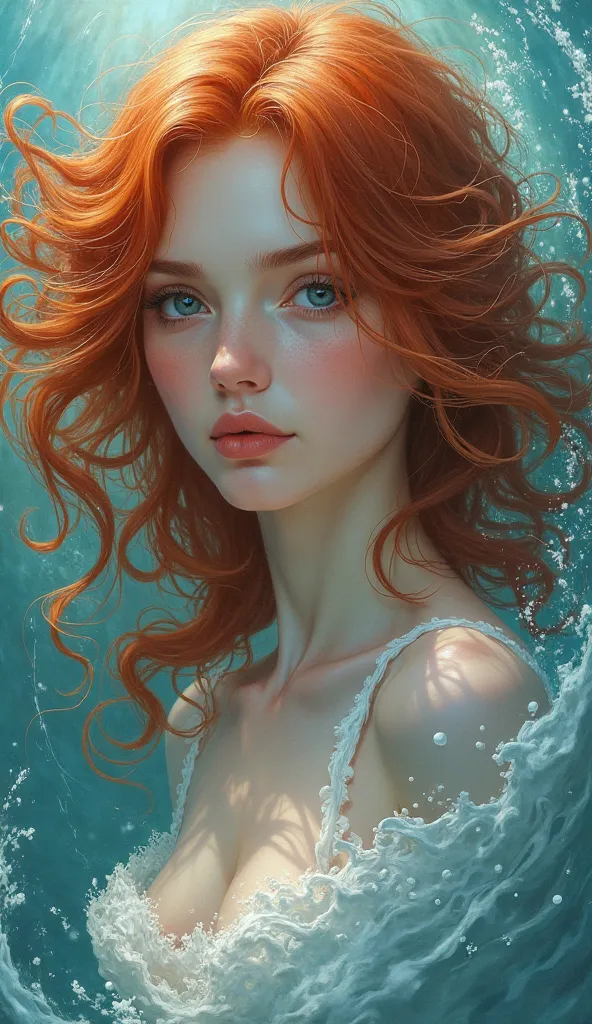  red hair 、Fair skin、woman、sea-like background