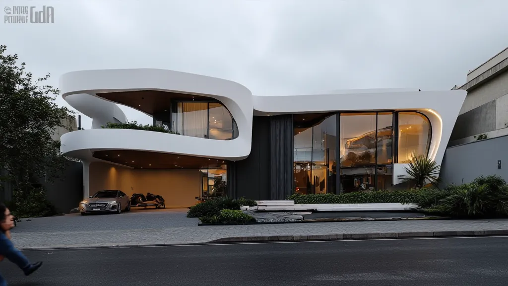 "Hyperrealistic cinematic photograph of a modern house on the outskirts of London, designed by architect Fran Silvestre with influences from Zaha Hadid’s organic architecture. The house takes inspiration from the sculptural form of Osprey House by Desai Ch...